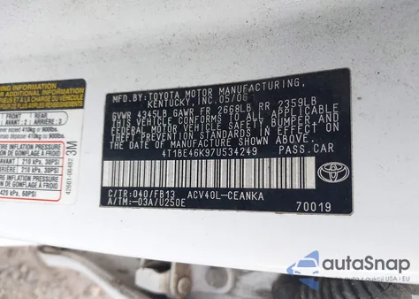 2007 Toyota Camry Le из США, поврежденный, VIN 4T1BE46K97U534249